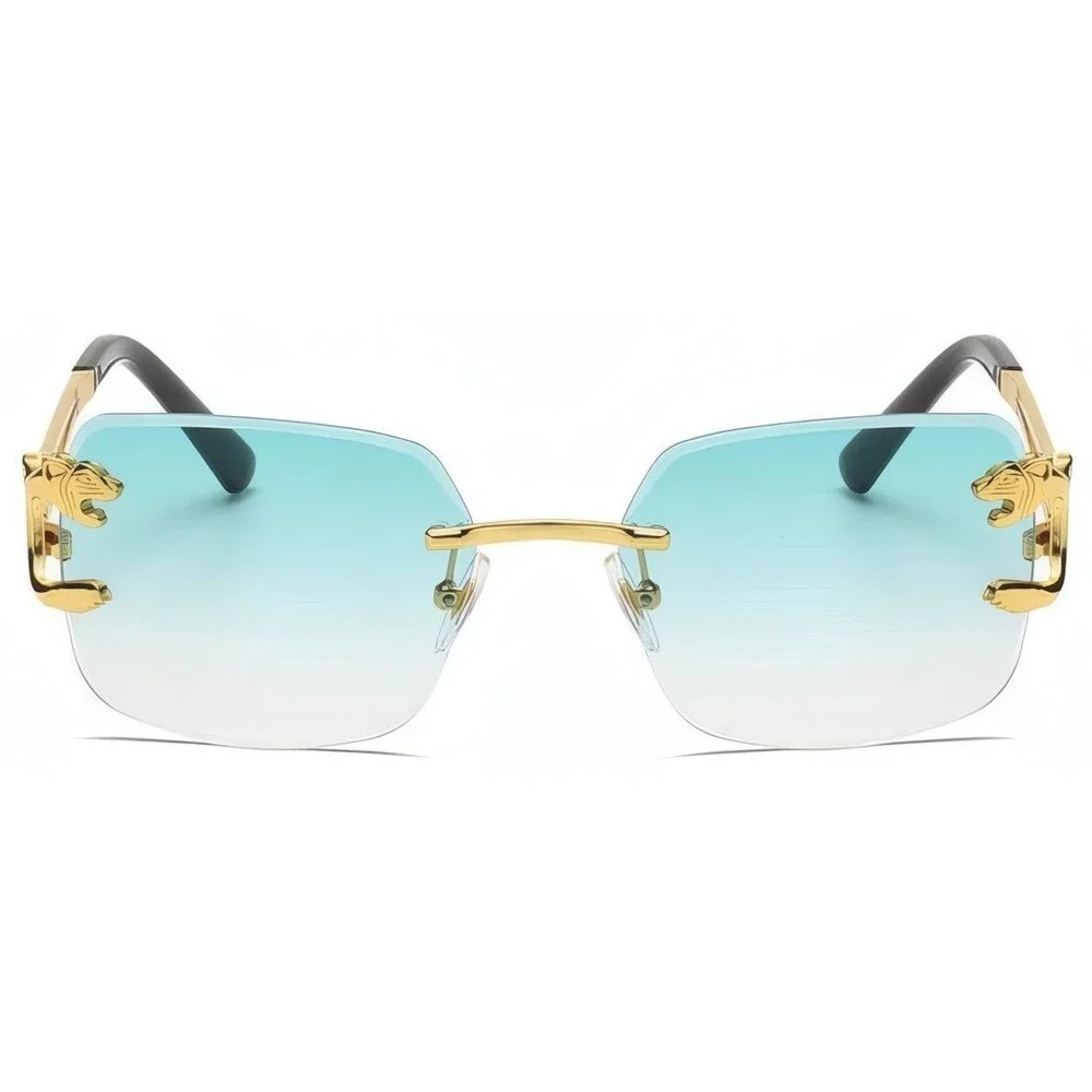 Luxury Look Rich Rimless Diamond Cut Green Lens Hip Hop Style Gold Eye Glasses